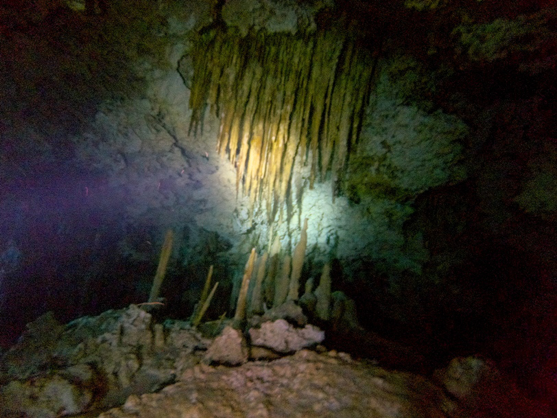 Stalagtites in a flooded cave. It must have been dry when they were formed.